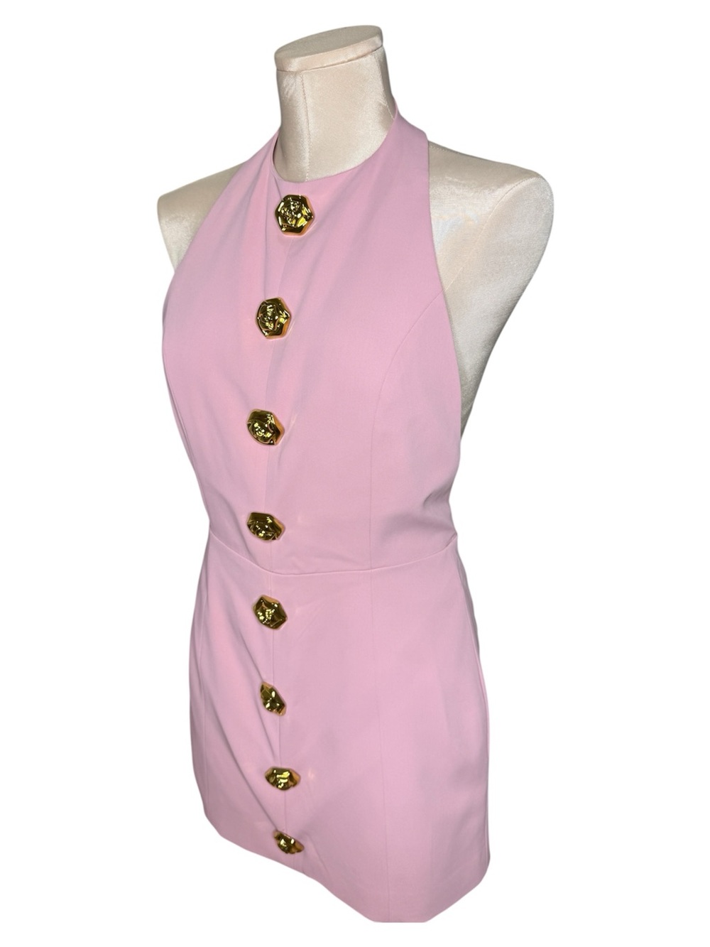 Pink halter mini dress with gold rose buttons